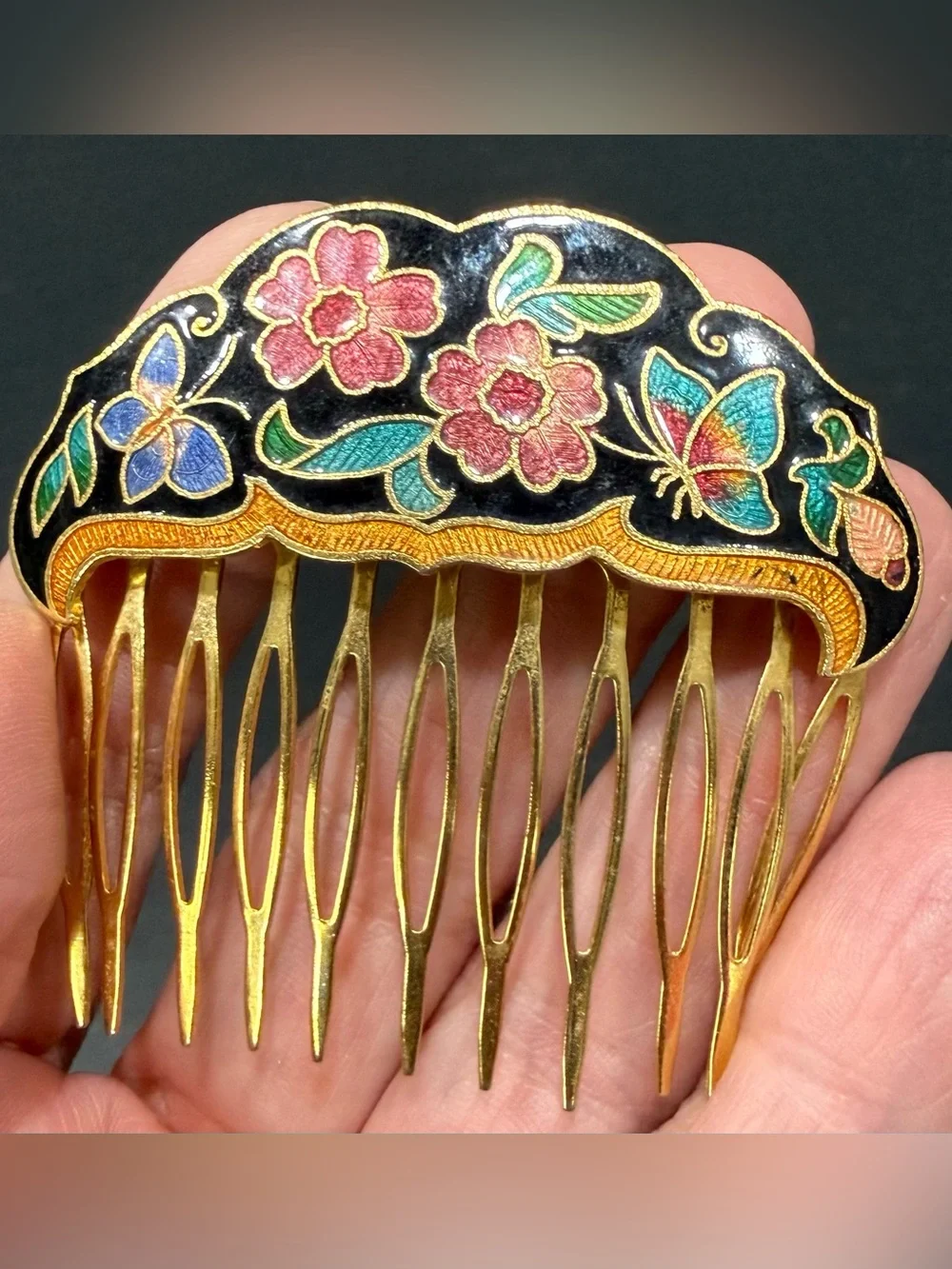 Vintage 70’s 80’s Floral Enamel Gold-Tone Hair Comb and Bracelet Set